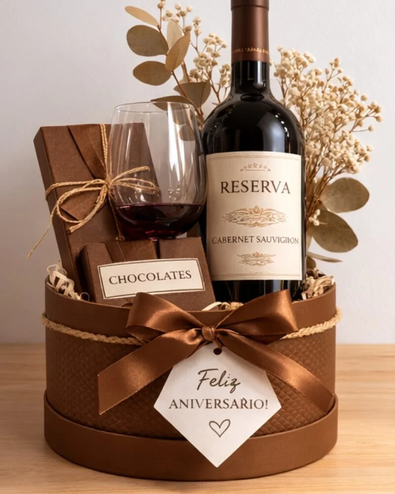 Cesta Vinho & Chocolates – Presente de Aniversário